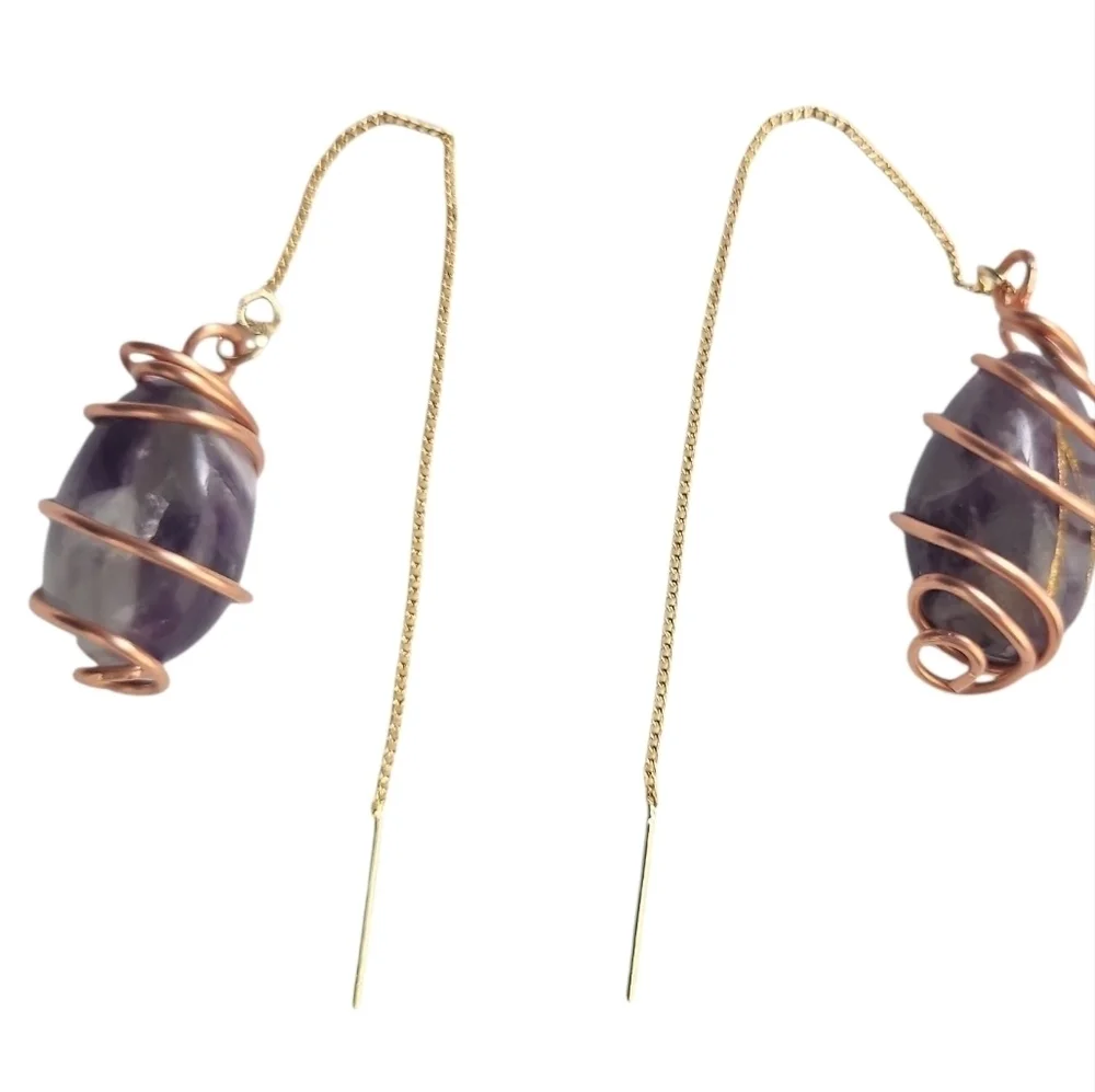 Amethyst Stud Earrings 18K Gold Plated Brass Copper Wire Wrapped Crystal Gemst